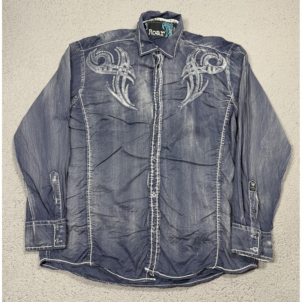 Roar Shirt Mens Large Blue Tribal Embroidered Long Sleeve Button Up Western Logo